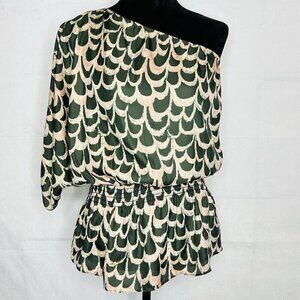 T-Bags Los Angeles One-Shoulder Top Size S Green Pink Scallop Pattern Smocked